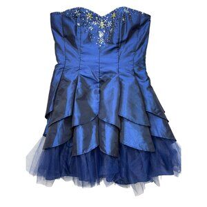 Masquerade Ball Gown Cocktail Dress Juniors 13/14 Blue Strapless Beaded Tiered